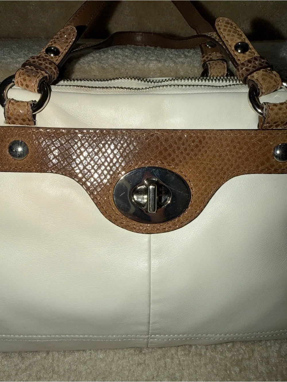 Coach Penelope Leather Satchel Ivory with Brown Snakeskin Trim Purse Handbag